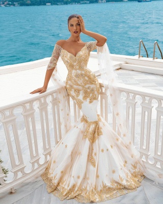 Glamorous Off the Shoulder Half Sleeves Crystal Appliques Lace Mermaid Wedding Dress_3