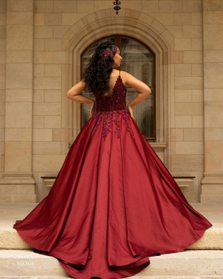 Elegant V-Neck Satin Lace Burgundy Wedding Dress_2