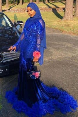 Mermaid Royal Blue Sequined Prom Dresses Sweep Train_1
