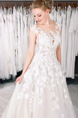 A Line Lace V Neck Sleevelss Wedding Gowns_1