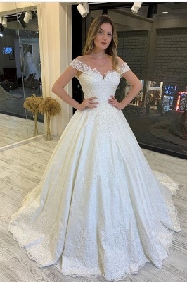 Vintage A-Line Off the Shoulder Appliques Lace Floor-length Wedding Dress_1