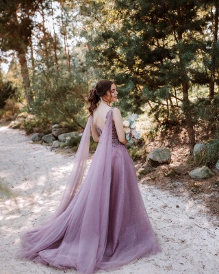 Beautiful long V neckline purple Prom dresses with glitter_2