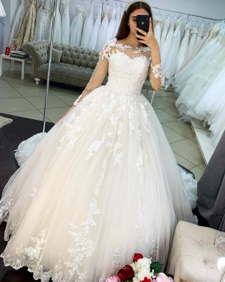 Princess Long Sleeves Tulle Wedding Dress with Appliques_3
