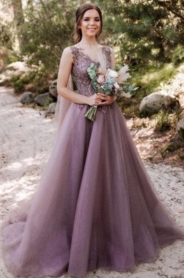 Beautiful long V neckline purple Prom dresses with glitter_1