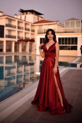 Sexy V-neck Burgundy Charmeuse Slit Backless Prom Dress_1