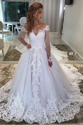 Sweetheart Off the Shoulder Long Sleeves Appliques Lace Wedding Dress_1