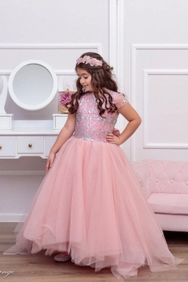 Cute Tulle Beadings Cap Sleeves Flower Girl Dress with Bow_1