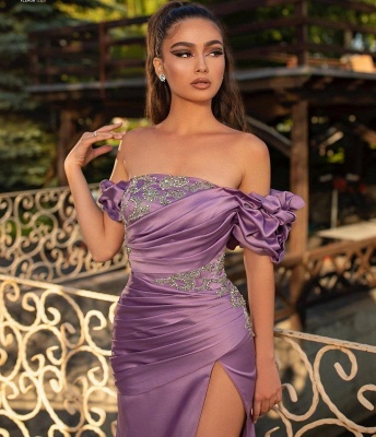 Gorgeous Off The Shoulder Grape Purple Split Prom Dress Mermaid_2