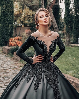 Princess Lace Appliques Black Wedding Dresses with sleeves_4