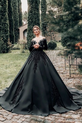Princess Lace Appliques Black Wedding Dresses with sleeves_1