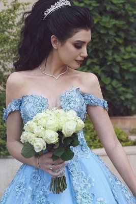 Off the shoulder Blue Evening Dresses Long Prom dresses with lace_1
