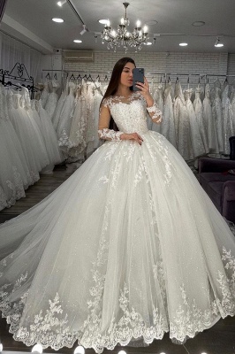 Long Sleeves Lace Appliques Tulle White Wedding Gowns_3