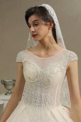 A Line Cap Sleeve Tulle Lace Wedding Dress Appliques Cathedral Garden Bridal Gowns_3
