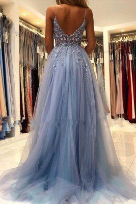 Elegant Spaghetti Straps Royal Blue Prom Dress With Lace Appliques_2