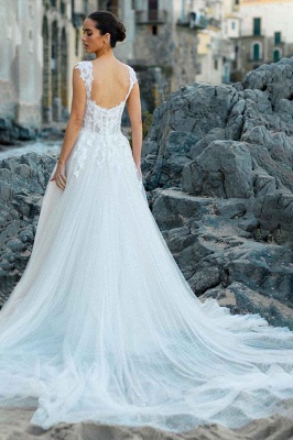 V-Neck Tulle Sleeveless Floral Lace Wedding Dresses_5