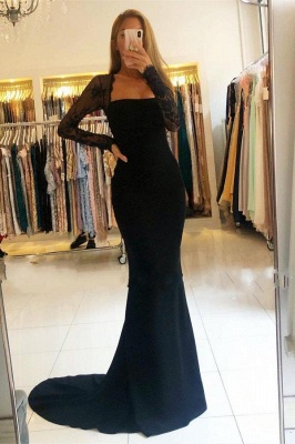 Elegant Square Black Lace Prom Dresses Mermaid_1