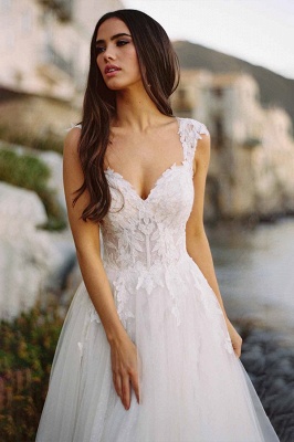 V-Neck Tulle Sleeveless Floral Lace Wedding Dresses_2