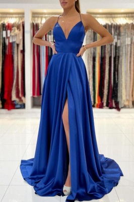 Simple Royal Blue V-neck Spaghetti Straps A-Line Evening Dress With Side Split_1