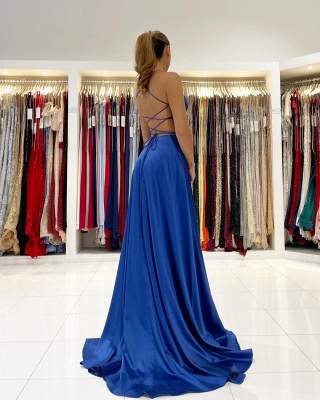 Simple Royal Blue V-neck Spaghetti Straps A-Line Evening Dress With Side Split_2