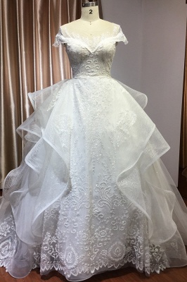 A-Line White Tulle Ruffles Beading Lace Wedding Dresses With Short Sleeves_1