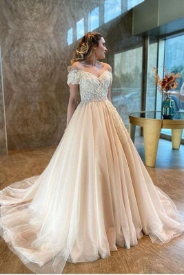 Off The Shoulder Sweetheart Tulle Champagne Wedding Dresses With Lace_1