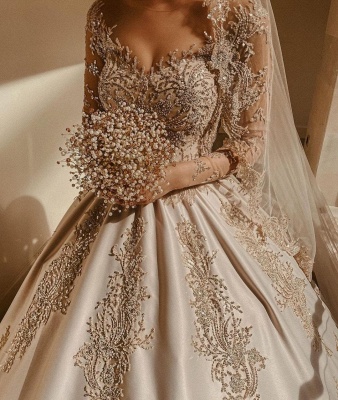 Elegant Long Sleeves Champagne Lace Wedding Dresses Long_4