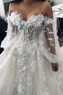 Floral Floor-length Sweetheart Tulle Beading Wedding Dresses With Long Sleeves_4