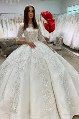 Princess Half Sleeves Jewel Satin Wedding Dresses Ball Gown_1