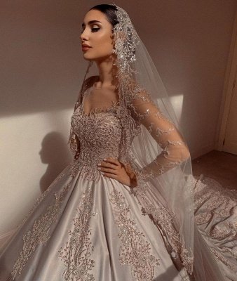 Elegant Long Sleeves Champagne Lace Wedding Dresses Long_6