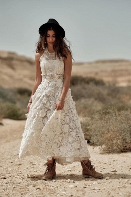 Sleeveless Halter Ivory Lace Ankle-Length A-Line Wedding Dresses_1