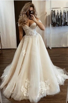 Glamorous Off The Shoulder Sweetheart Tulle Lace Appliques Wedding Dresses_1