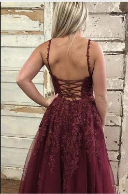 Chic Spaghetti Straps Ruby Tulle Lace Prom Dresses With Appliques_2