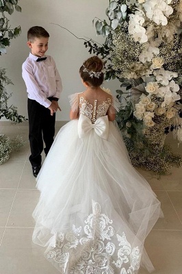 Lovely Long Ball Gown Tulle Appliques Lace Dress Little Girl for Wedding Party_3