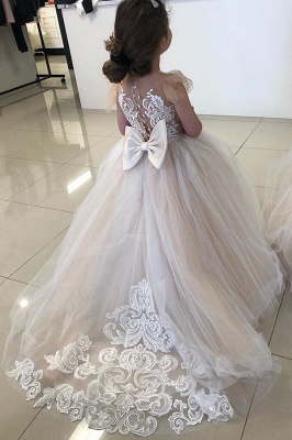 Lovely Long Ball Gown Tulle Appliques Lace Dress Little Girl for Wedding Party_4