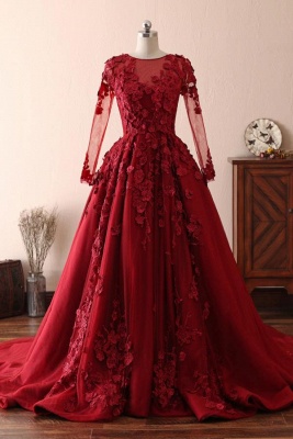 Elegant Tulle Lace Red Jewel Prom Dresses|3D Flowers Ruffles Evening Dresses_1