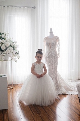 Long Ball Gown Jewel Tulle Floor length Flower Girls Dresses with Appliques Lace_4