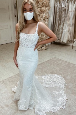 Women Sleeveless Square White Tulle Mermaid Wedding Dresses With  Appliques_1