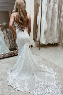 Women Sleeveless Square White Tulle Mermaid Wedding Dresses With  Appliques_2