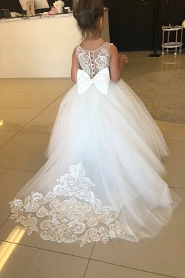 Cute Long Princess Tulle Jewel Sleeveless Flower Girls Dresses With Bow_2