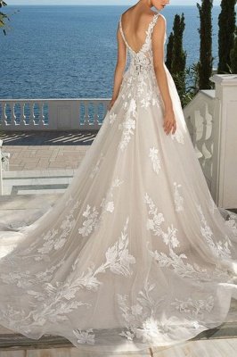 Floral V Neck Sleeveless Tulle Ivory Wedding Dresses With Appliques_2