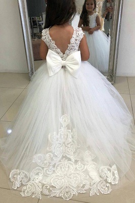 Long Ball Gown Jewel Tulle Floor length Flower Girls Dresses with Appliques Lace_2