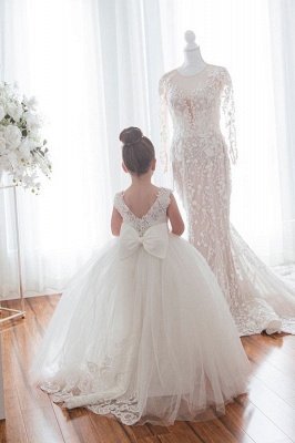 Long Ball Gown Jewel Tulle Floor length Flower Girls Dresses with Appliques Lace_1