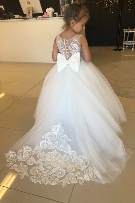Cute Long Princess Tulle Jewel Sleeveless Flower Girls Dresses With Bow_3