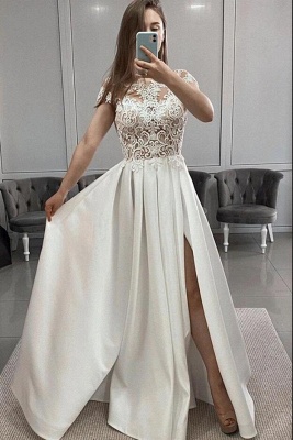 Graceful Jewel Ivory Lace Sheath Prom Dresses With Sleeveless_2