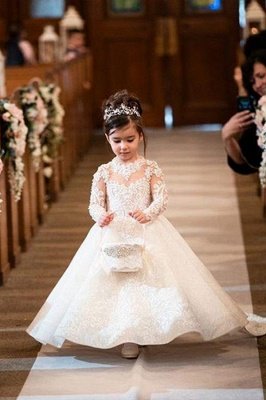 Cute Long Sleeves Princess Tulle Lace Flower Girl Dresses with Bow_1