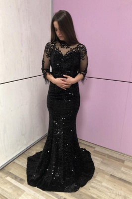 Black Half Sleeves Lace Sequins Beading Mermaid Prom Dresses_1