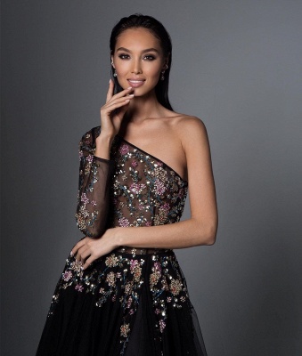 Vintage One Shoulder Appliques Black Tulle Prom Dresses_2