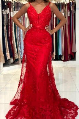 Sleeveless Ruby Lace Appliques Mermaid Prom Dresses_1