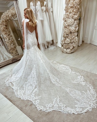 Bow Sleeveless Tulle lace Appliques V Neck Mermaid Wedding Dresses Long_2