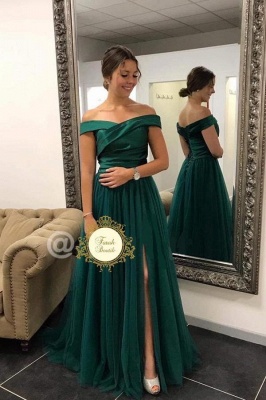 Elegant Off-the-shoulder A-line Floor-length Tulle Ruched Prom Dress With Split_1